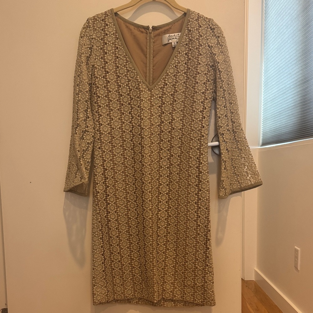 Badgley Mischka Gold Long Sleeve Lace Dress